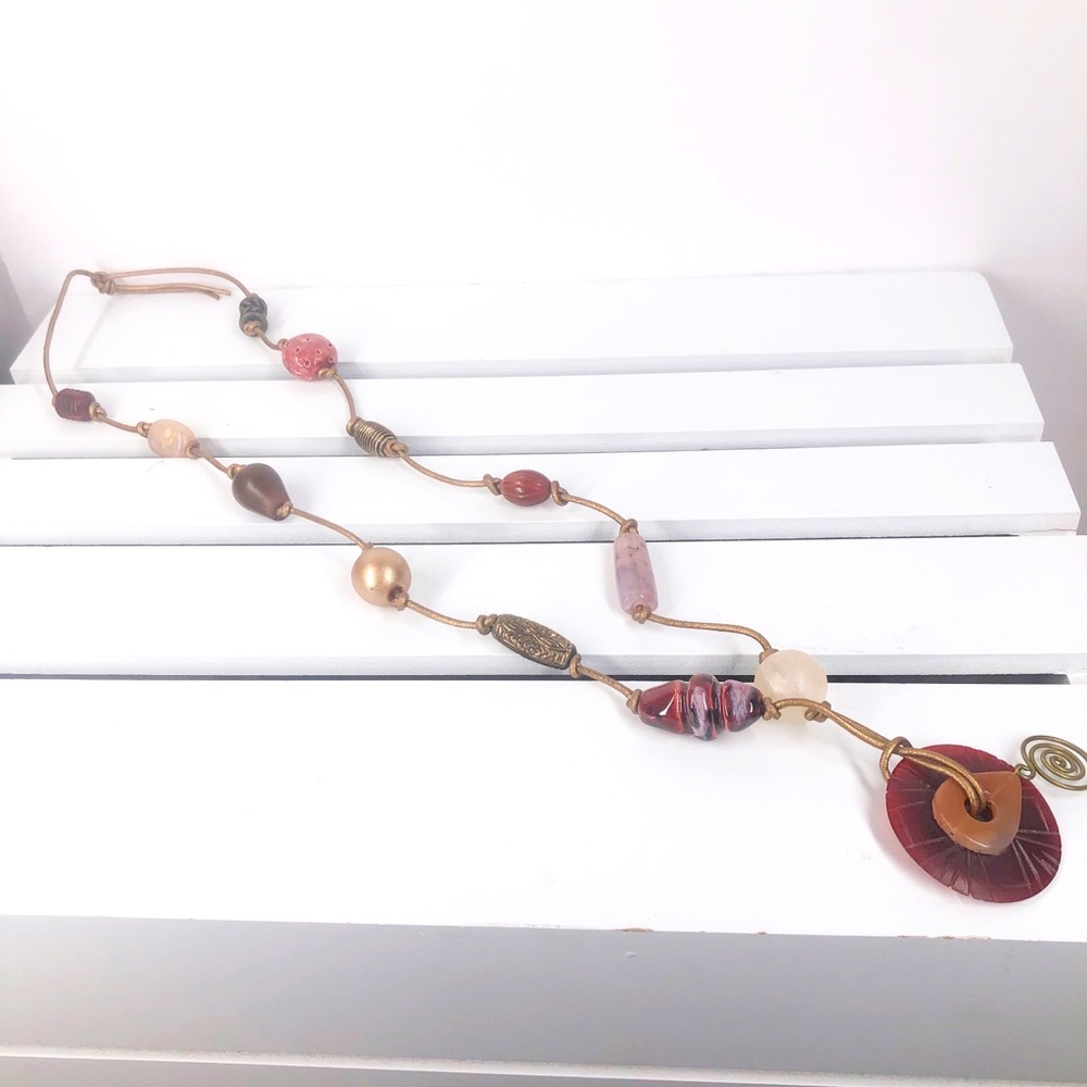 BEADED funky Boho‎ Copper tie lace NECKLACE Metal beads UNIQUE EUC